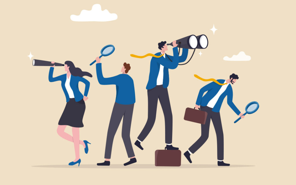 Illustration of four people in business attire looking through telescopes, magnifying glasses and binoculars, all in different directions. The background is off white and has two clouds in it suggesting a sky.