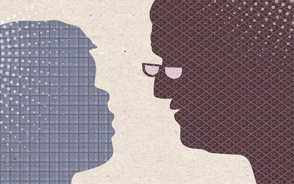 Illustration of an old man talking to a child. The left side of the image has the profile of a child that is looking towards the right, the profile is filled in with a monochromatic light purple plaid pattern. The right side of the image has a profile of an older man with glasses looking towards the left a the child. The profile is filled in with a maroon monochromatic diamond shaped pattern. The background is a textured off white color.