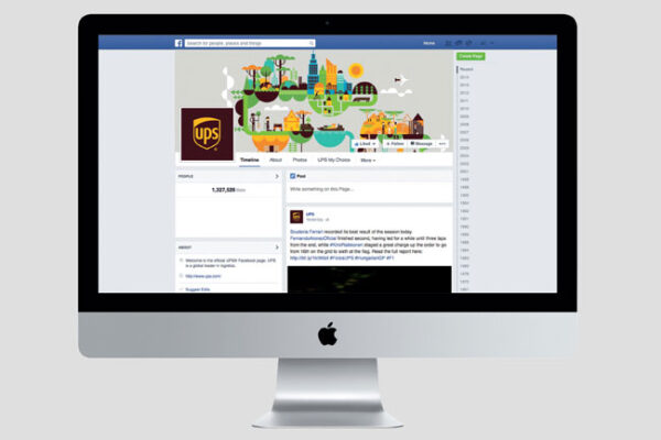 Photo of a desktop Apple monitor with the UPS Facebook page on it