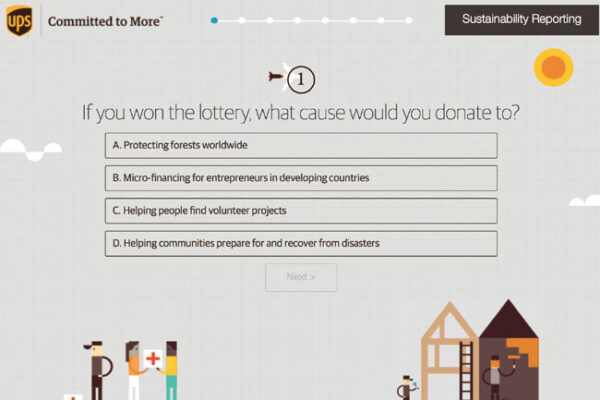 Screen shot of a UPS webpage call to cation quiz. Grey background with dark brown text asking "If you won the lottery, what causes would you donate to?" There are four options to choose from. There are four graphic human figures either building and painting houses, or carrying medical supplies.