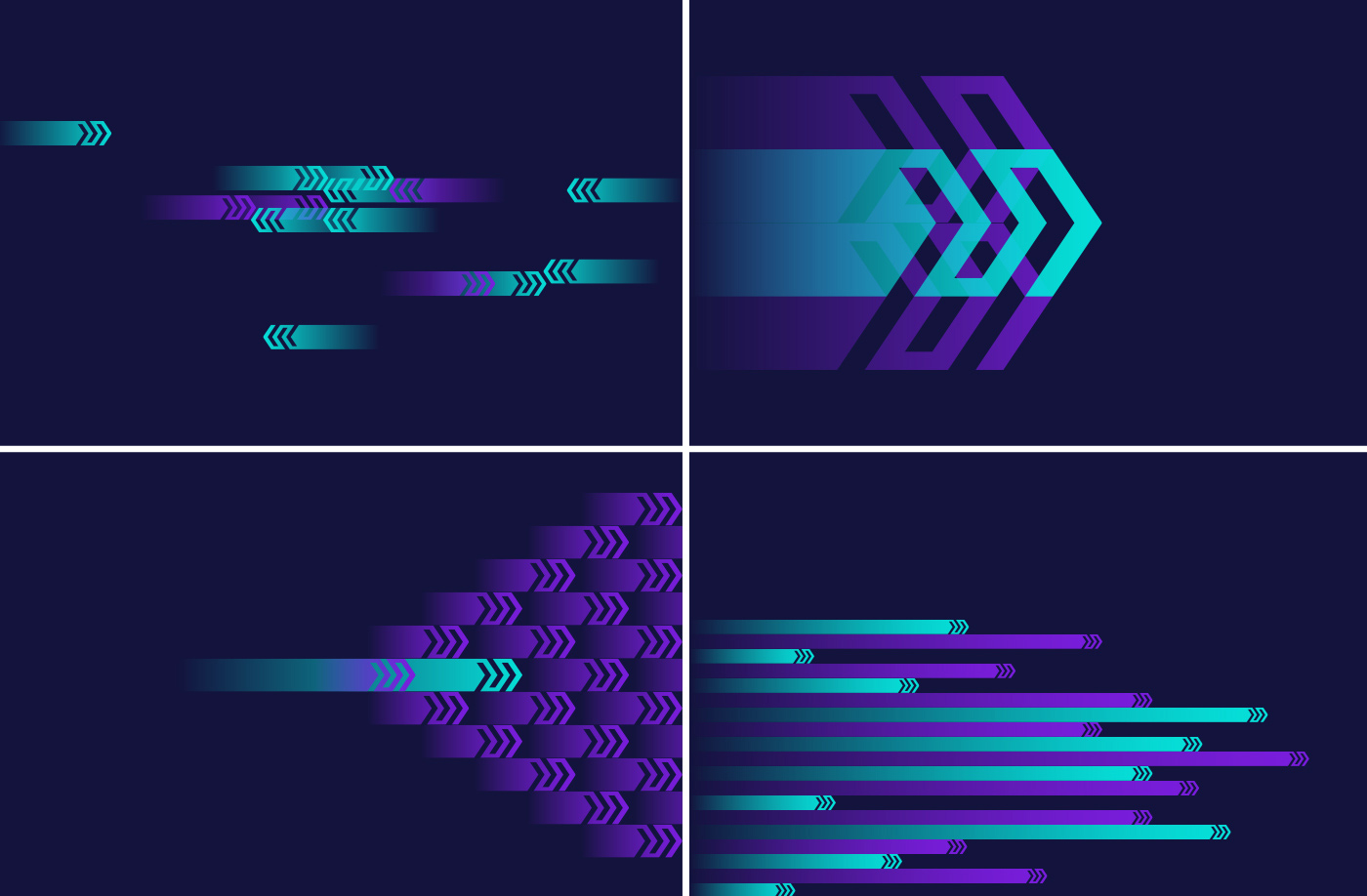 Four navy blue rectangular quadrants that each have a version of the Marqeta double arrow logo in them. Clockwise from the upper left are small teal and purple arrows with the suggestion of some of the arrows moving left and some moving right. The next quadrant has a two larger purple arrows on the left side of the rectangle pointing to the right, and there is a smaller teal, right facing double arrow transposed on top. The next quadrant has many smaller teal and purple double arrow logos with motion lines pointing towards the right from the left edge of the rectangle. The last quadrant has many medium size purple double arrows on the right side of the rectangle that make a larger pyramid on its side shape. There is one longer motion lined teal arrow transposed on top at the peak of the pyramid.