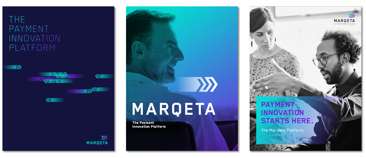 Three vertical rectangles next to each other. The left rectangle is dark purple with gradient teal, blue and lighter purple text that reads in all capital letters "THE PAYMENT INNOVATION PLATFORM" underneath this text are purple and teal arrows that suggest motion to both the left and the right side edges of the rectangle and there is a smaller teal text Marqeta logo with a teal to purple gradient arrow on top of the text on the bottom right hand corner of the rectangle. The middle rectangle has the photograph of the profile of a smiling man looking towards the right there is a teal, blue and purple gradient tone to the photo and the white Marqeta Logo (all capital letters that read "MARQETA" with two arrows on top of the left side of the word) transposed on top of the photo. The last rectangle is at the black and white photograph of a seated man explaining something to a standing woman. The Man has glasses and a dark beard and is looking to the left while the woman looks downward towards him with a serious expression. The Marqeta logo is in the upper right hand corner and the bottom left corner has a teal to purple gradient rectangle transposed on top of the image that has purple text that reads in all capital letters " PAYMENT INNOVATION STARTS HERE" with smaller white text below this that reads "The Marqeta Platform"