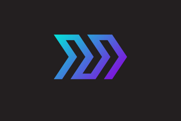 Gradient teal, blue, to purple gradient arrow and chevron arrow graphic pointing towards the right on a black background.