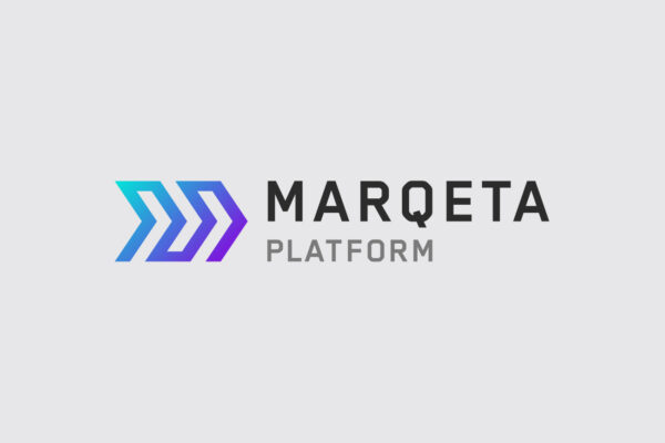 Black text that reads in all capital letters "MARQETA" with smaller grey text under it in all capital letters that reads "PLATFORM". This is preceded by the outline of two arrows pointing to the right in a teal, blue to purple gradient.