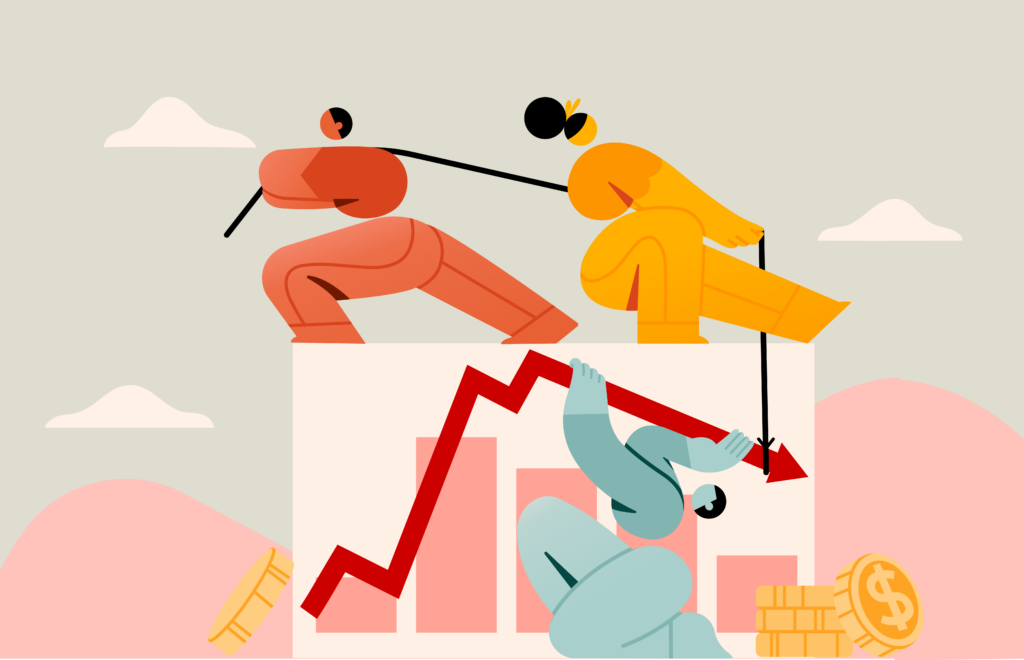 Illustration of people working together to hoist a red arrow in an upward direction. They exist in an abstract place with a grey sky, white clouds and pink hills. Two people are standing on a graph and there are coins that have a dollar sign on them