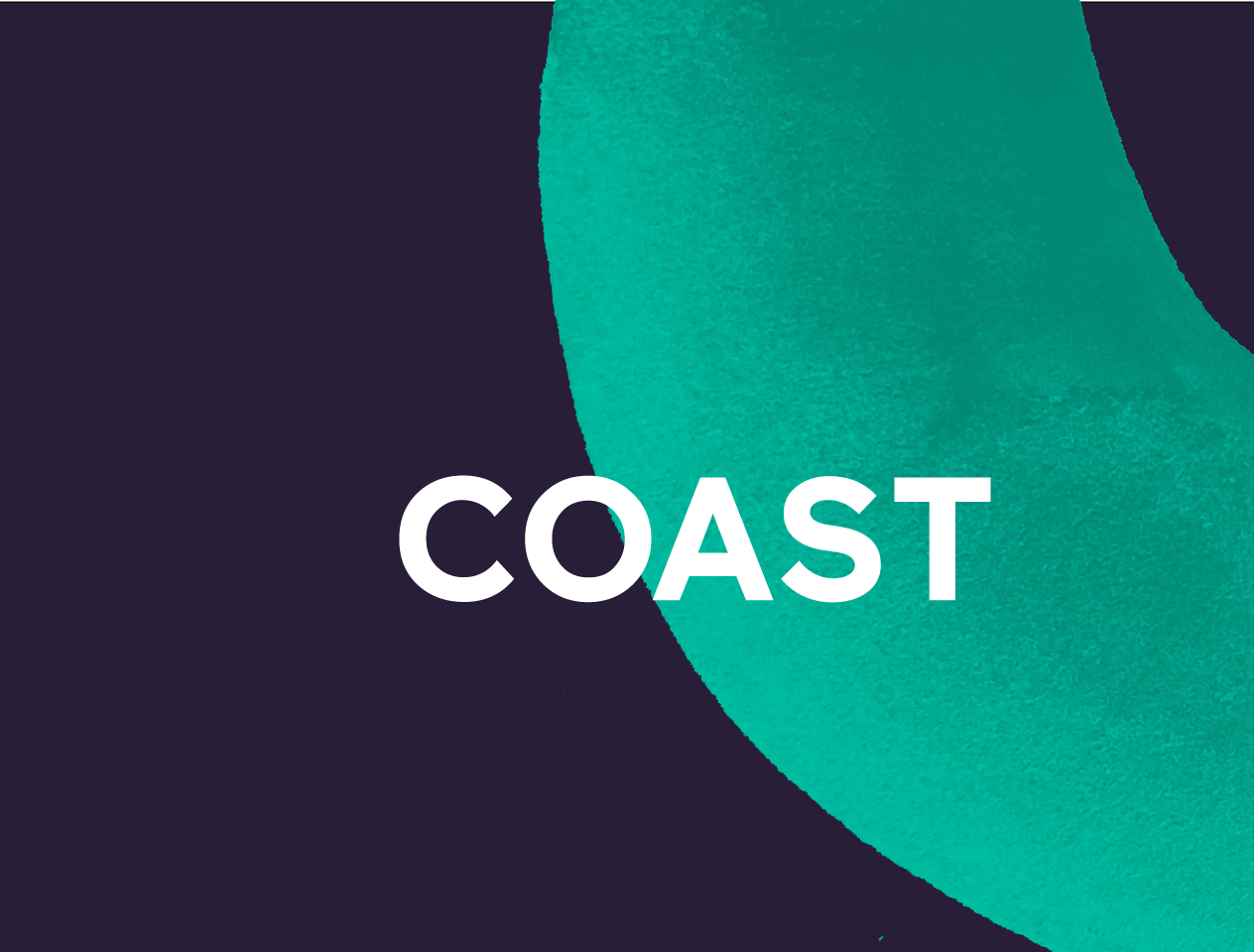 White text of the word COAST on a navy blue background with an organic shaped teal brush stroke on the right side of the background.