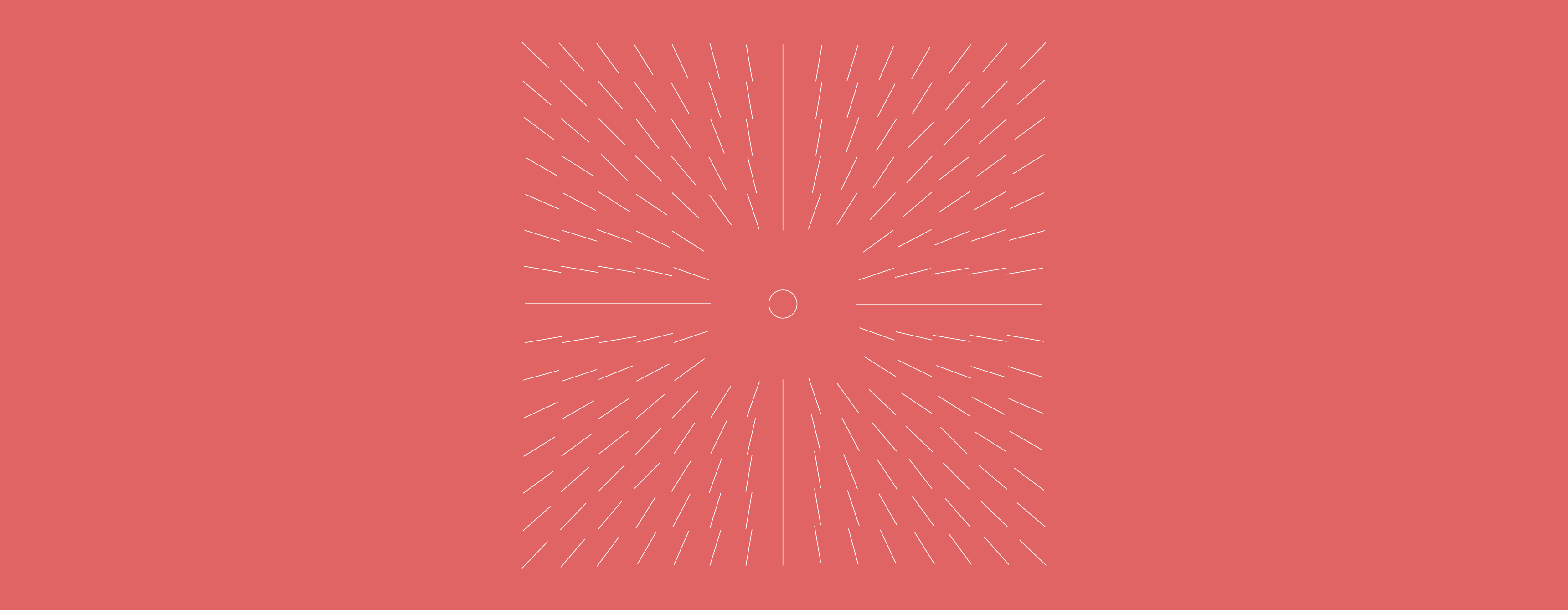 Small linework circle with diagonal dash marks radiating in four quadrants outward creating a square on a deep pink background