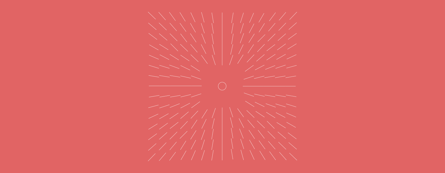 Small linework circle with diagonal dash marks radiating in four quadrants outward creating a square on a deep pink background