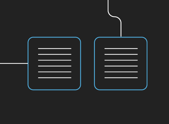 Black background with the outline of two rounded corner squares in the middle next to each other. There are six white lines inside each square suggesting that they are pieces of lined writing paper. Let left square has a straight white line jutting out from the middle of its left side to the edge of the background. The right square has a squiggle shaped white line jutting out from the middle of it's top side to the edge of the background.