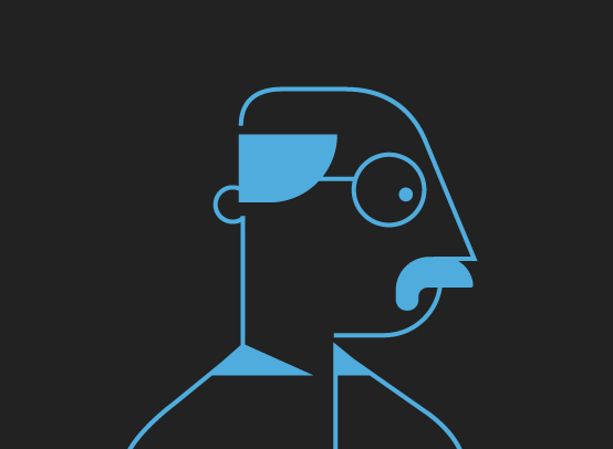 Black background with a bright blue graphic outline of the profile, head and bust view of a man with glasses and a mustache looking towards the right side.