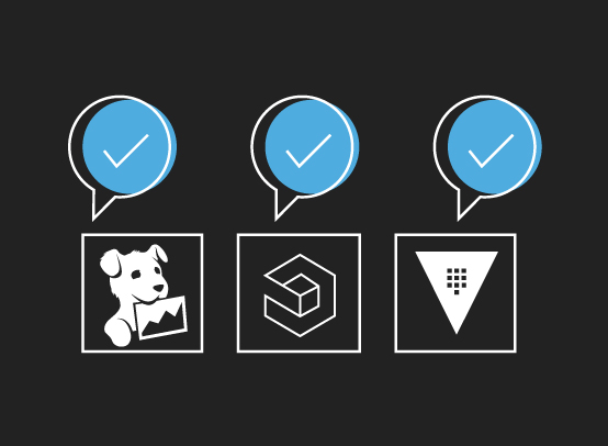 Black background with the outline of three speech bubbles filled in with bright blue with white check marks. The speech bubbles are right next to each other, and below each one is the outline of a square and a different graphic also in white below. From left to right he icons in the squares are a puppy with a photo in its mouth, the outline of a reverse abstract "C" shape and a solid white inverted triangle with ten black pixel shaped squares in the center of it.