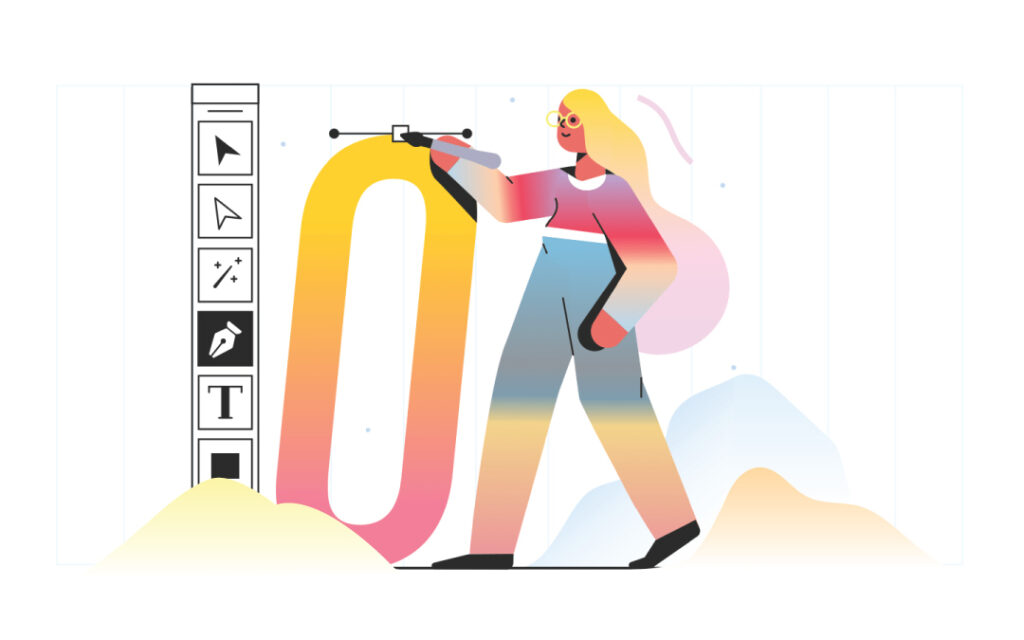 Illustration of a woman with long blonde hair, a pink shirt and blue to yellow gradient pants walking from the right towards the left holding a paintbrush that is moving a vector line in a computer drawing program. The vector line box is on top of a large yellow, orange and pink gradient "0". There is a large black and white tool bar running vertically on the left side of the image. The woman appears to be walking among yellow, orange and blue clouds on a path.