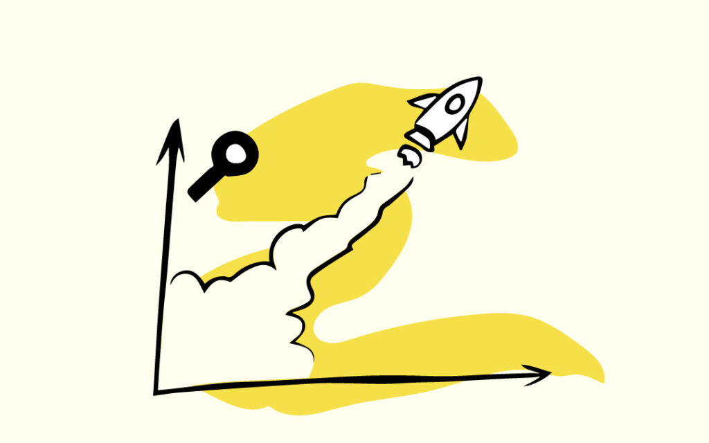 Light yellow background with a simple outline of a line graph in the center. There is a white space ship outlined in black flying diagonally up and to the right from the corner of where the line graph meets. There is a cloud of rocket fuel behind the rocket suggesting the path is hs taken. There is bold black graphic of a magnifying glass in the upper left hand corner of the line graph. There is a thick darker yellow squiggle in the back ground of the whole image