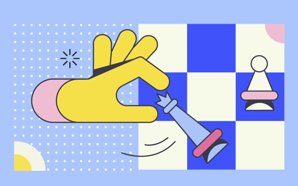 Illustration of a yellow hand playing chess on a light blue background. The had holds one chess piece and appears to be moving it (suggested by motion marks towards the left of the piece) the other chess piece is on the board which is a grid of nine electric blue and white solid squares. there is a pink half circle on the upper right hand side of the checkerboard. The left had side of the image, underneath the hand is comprised of a grid of small solid white dots. There is a half solid white circle with a yellow center in the lower left hand corner of the small circle grid.