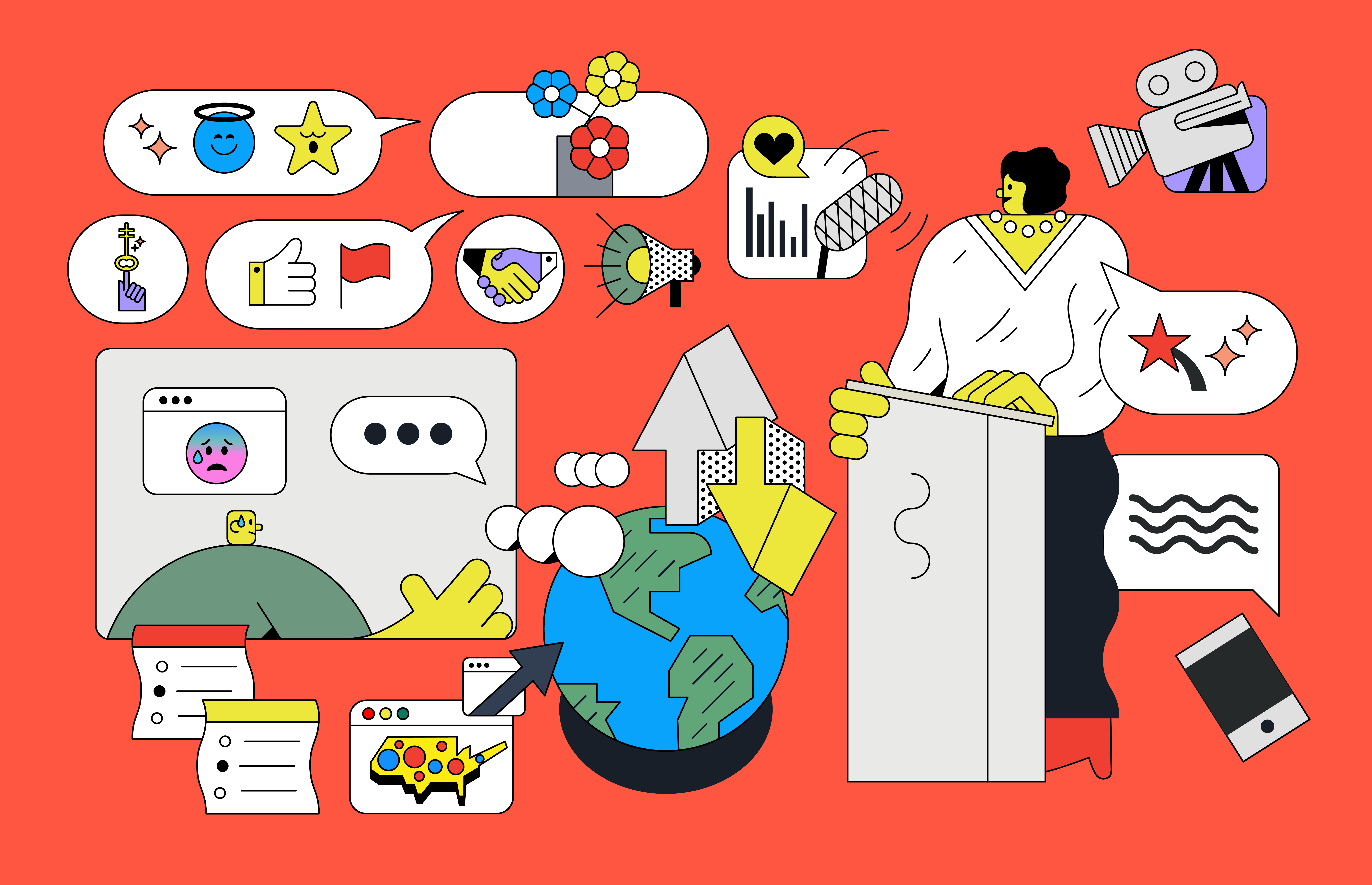 Illustration of a red background with several white speech bubbles of various sizes surrounding a woman that is standing on the right side of the image at a podium. She is yellow with wavy short hair and wears a white sweater with a. casting of peals, black pants and red heeled shoes. She appears to be looking at a webpage that floats in the distance and has a person on it that appress to be stressed out and sad. There are various icons in the speech bubbles that all have positive connotations. Stars, Smiling angel head, flowers, and with a sparkling key, a thumbs up, a red flag, a handshake, a megaphone, a microphone, a heart, a and a palm tree surrounded by stars. In between the webpage and the podium is a world globe with a grey arrow coming out of its top and a yellow one pointing down right next to it. The far upper right hand corner has a video camera pointing to the left ad slightly down as if it is filming the woman speaking at the podium