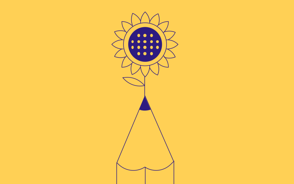 This illustration of a pencil with a sunflower blooming from its tip symbolizes the power of a well-crafted brand narrative. Just as a sunflower grows from a seed, a compelling narrative can be the foundation that transforms your brand strategy, nurturing growth and driving lasting business success.