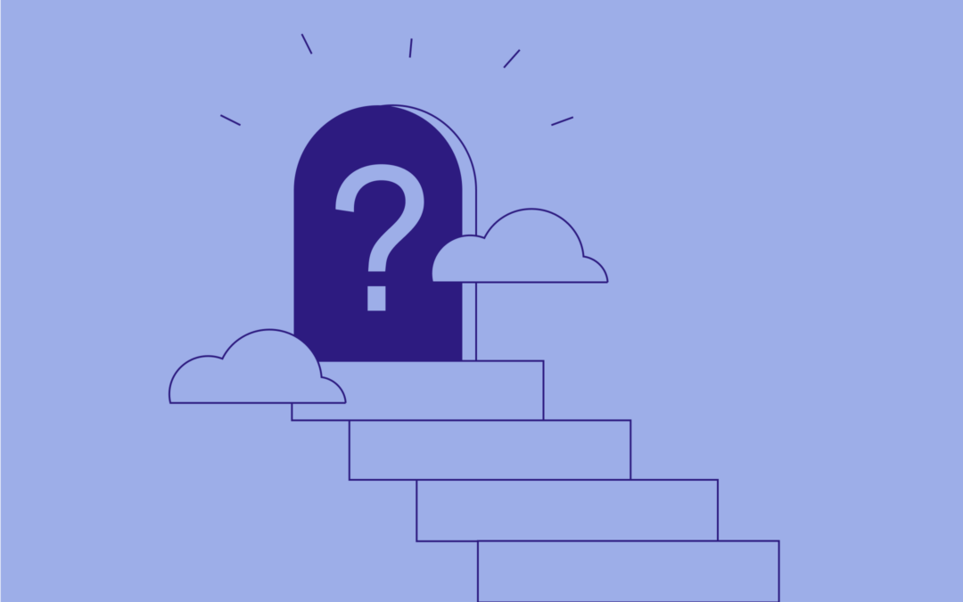 This is an image of an illustration that has steps leading up with an open door. Instead of a door, there's a large question mark. This symbolizes that asking the right questions can spark inspiration and take your ambitions higher.