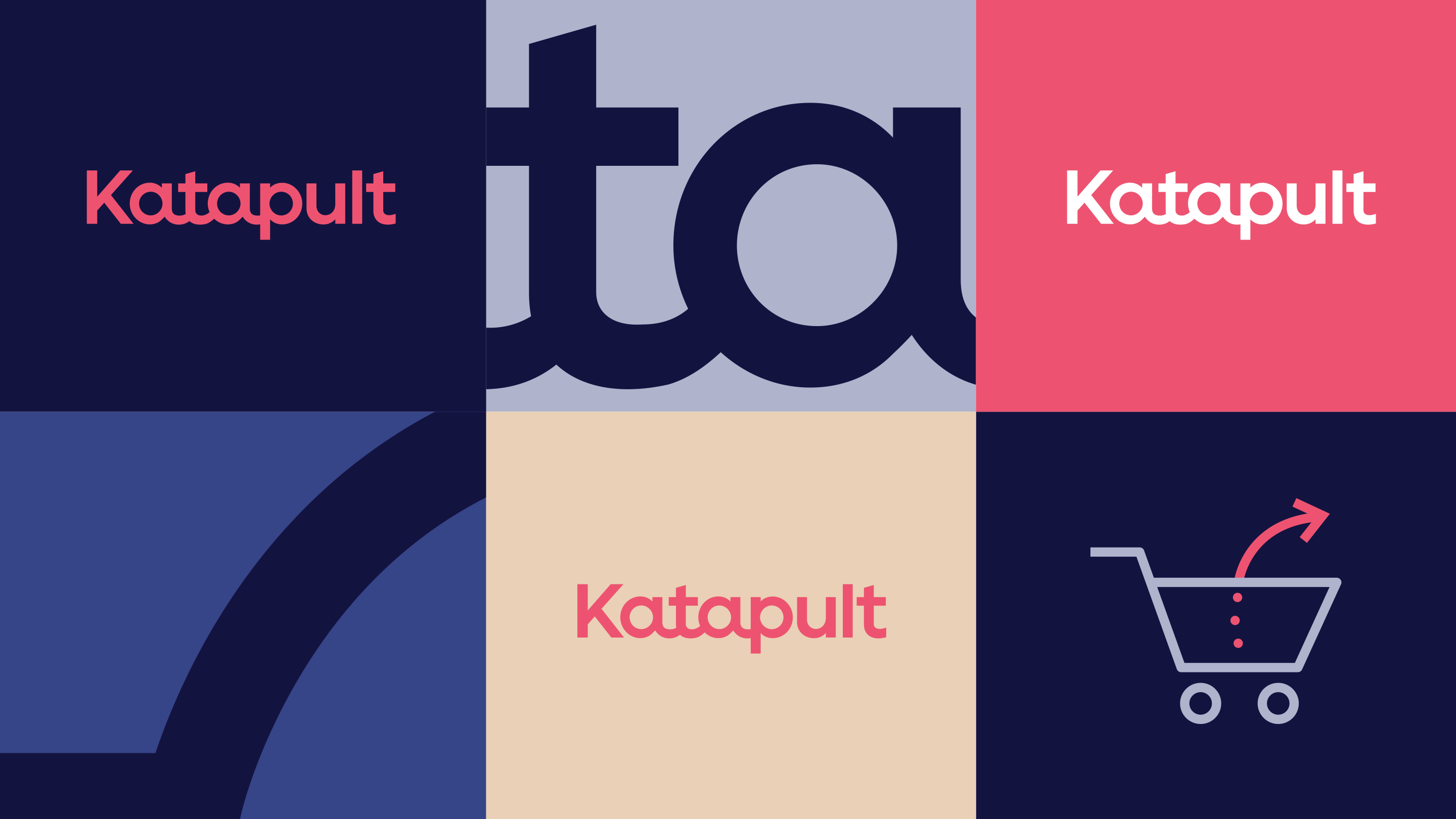 Six variations on the Katapult logo next to each other in a three column two row grid. The color scheme is dark purple, pink, light purple, white and medium purple.