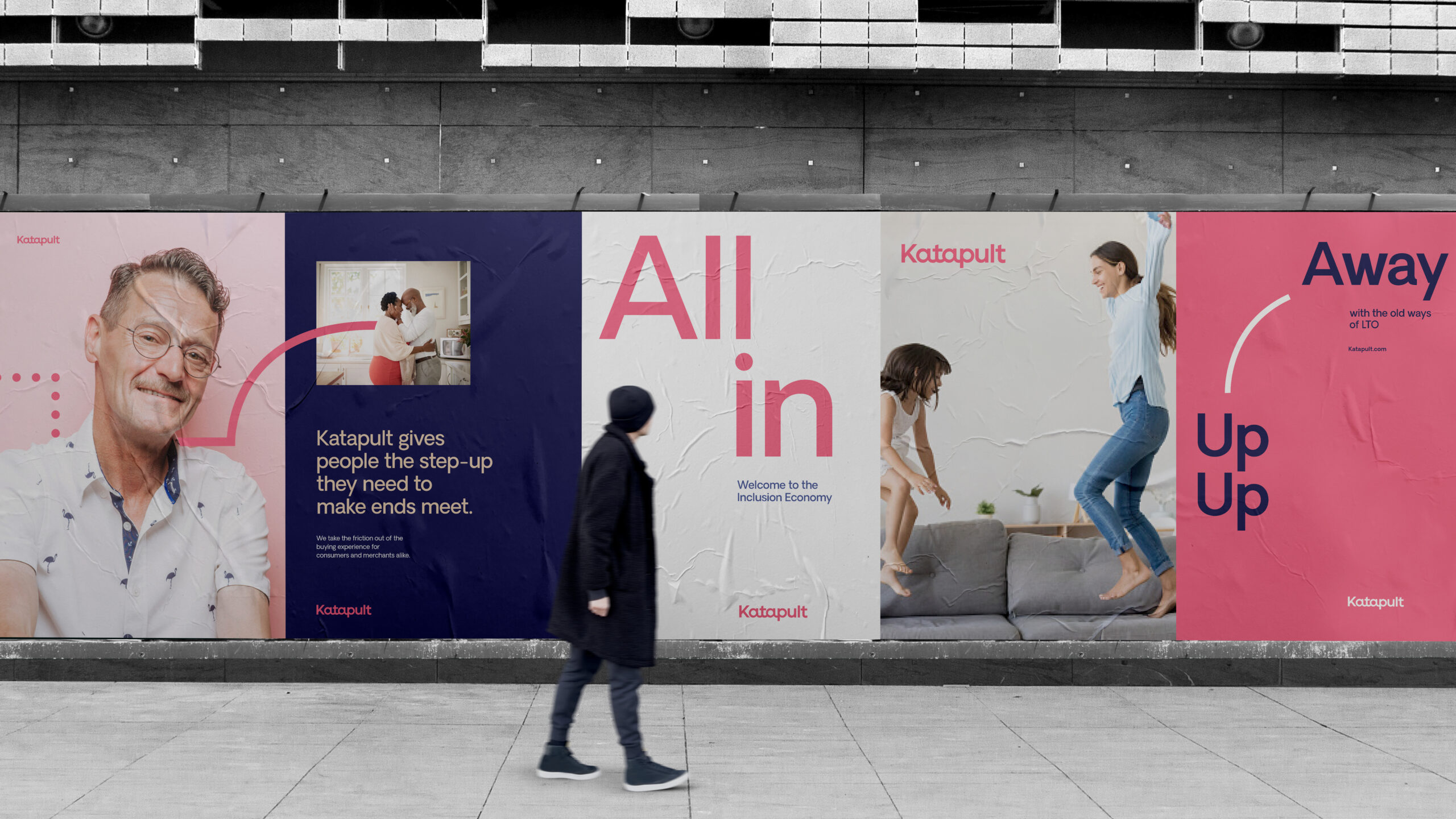 Photograph of a person in a beanie and overcoat walking on an urban stidewalk in front of a wall of wheat paste posters. The posters are slightly wrinkled and have photographs of a man smiling with glasses next to two people embracing text and a small child and adult jumping on a couch. The Middle panel has pink text on a white background that reads "All in" and the last panel has dark purple text on a pink background that reads "Up Up Away"