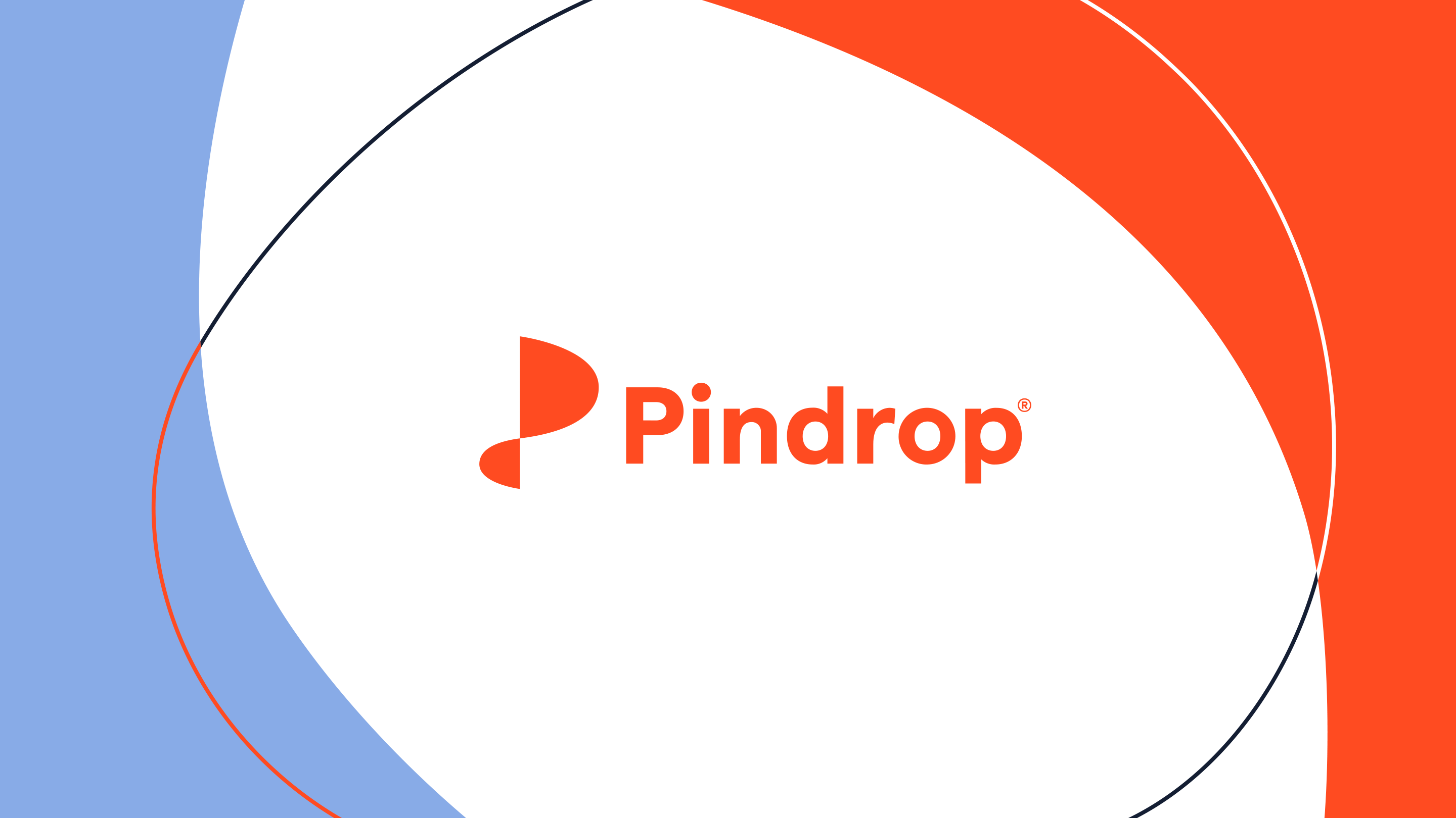 Graphic image of a white abstract amorphous round shape with a thin on a color block background of light blue and orange. There is orange text in the middle that reads "Pindrop" with its logo to the left of the "P"