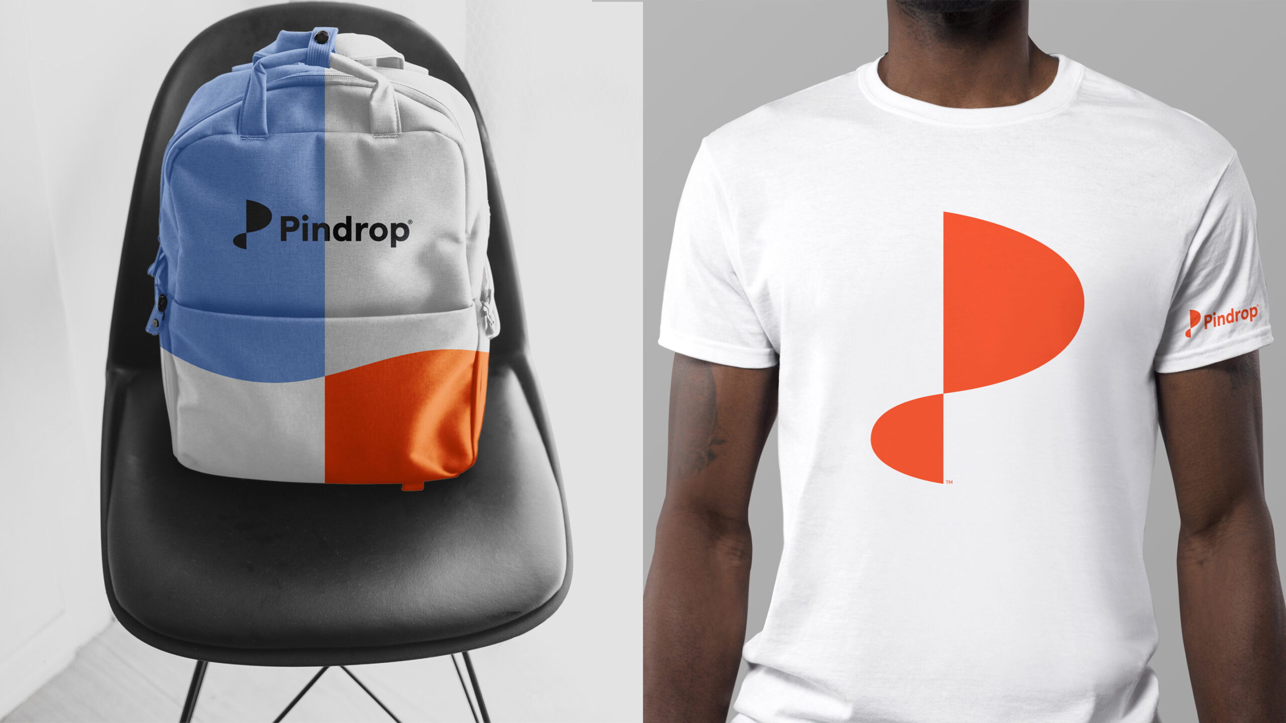 Photographs of Pindrop promotional items. The left side of the image has a photograph of a light blue, grey and orange backpack sitting on top of a black chair in a white space. The backpack has the Pindrop name and logo on it. The right side of the image is a photograph of a man wearing a white t-shirt with an orange Pindrop logo omn it and the word Pindrop and logo on the right sleeve of the shirt.