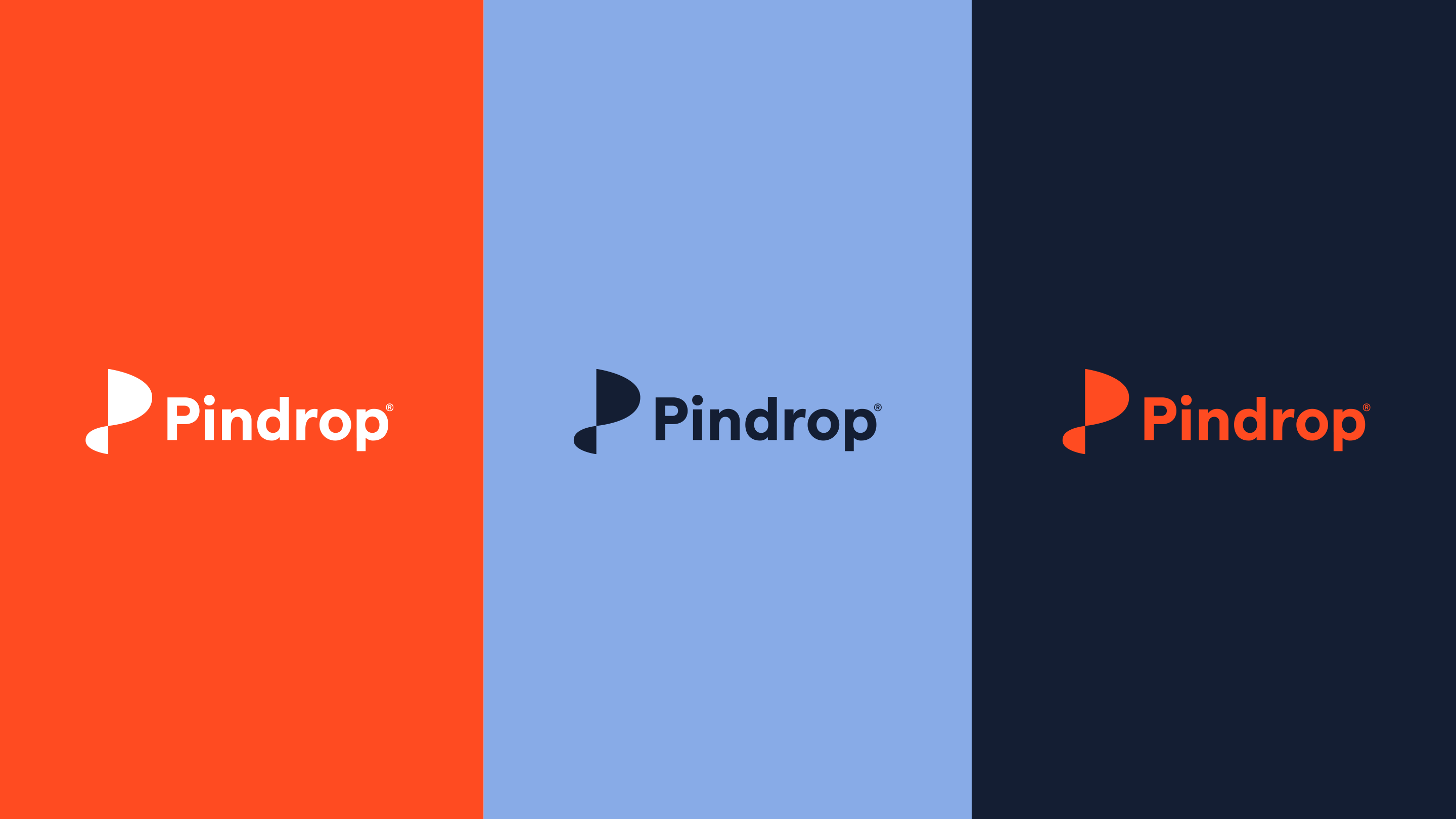 Pindrop graphic logo in three panels. The left panel is orange with white text that reads "Pindrop". The middle panel is light blue and has navy blue text that reads "Pindrop". The final panel is navy blue with orange text that reads "Pindrop".