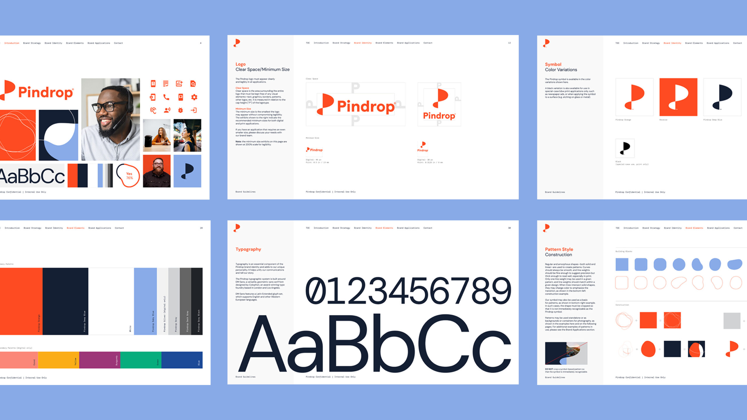 Six examples of Pindrop webpages organized on three columns and two rows on a light blue background. The color scheme is orange, light blue, black and white. There are various examples of the Pindrop visual language and font on each webpage.