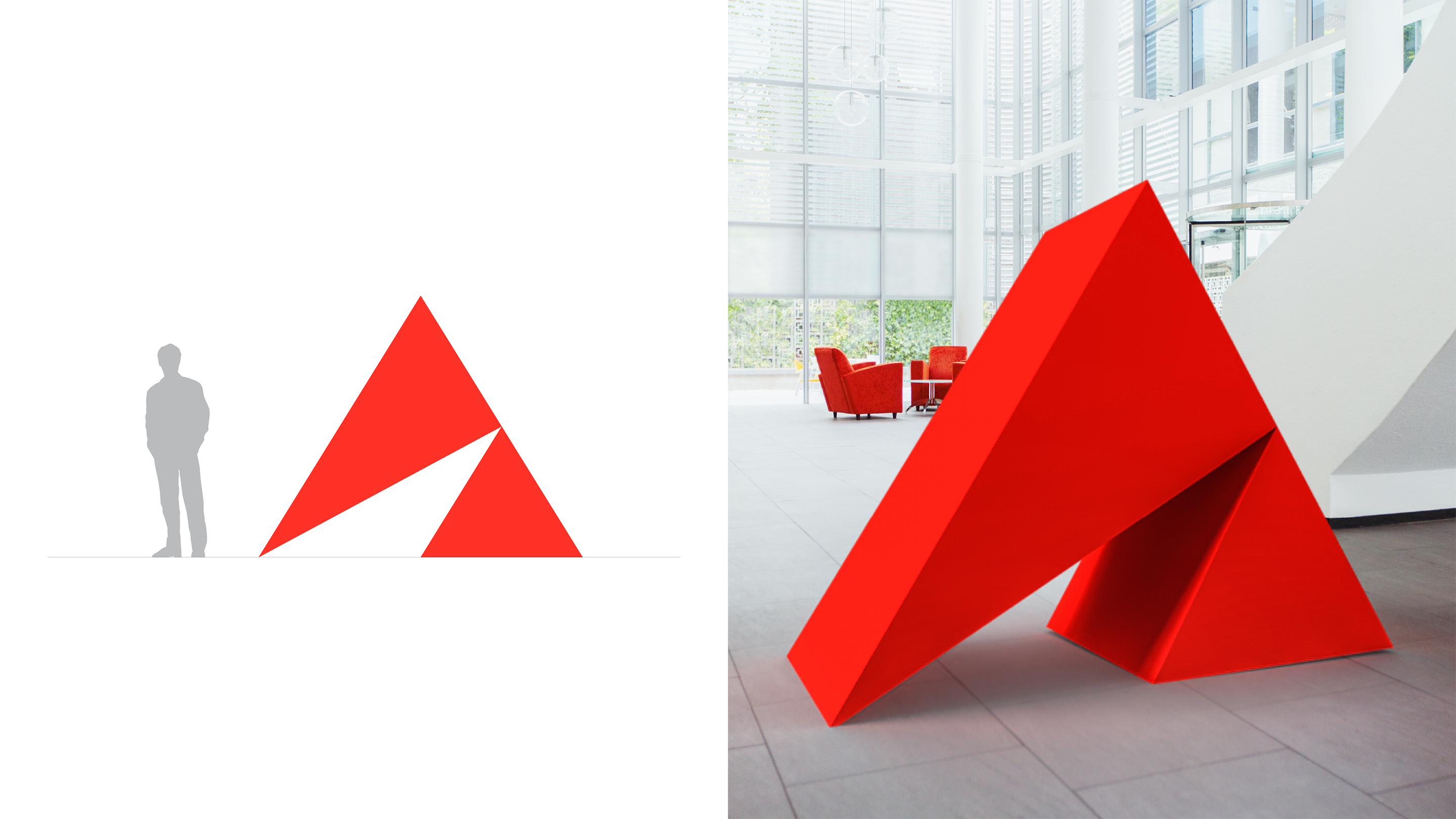 The left side of this image has the graphic image of a solid grey man stading next to a red triangle with a smaller diagonal triangle missing from its base. The triangle is the same height as the man. The right side of the image is a photograph of a sculpture of a large red triangle with a smaller diagonal triangle missing from its base. This sculpt is the size of a person and appress to exist in the lobby of an office building.