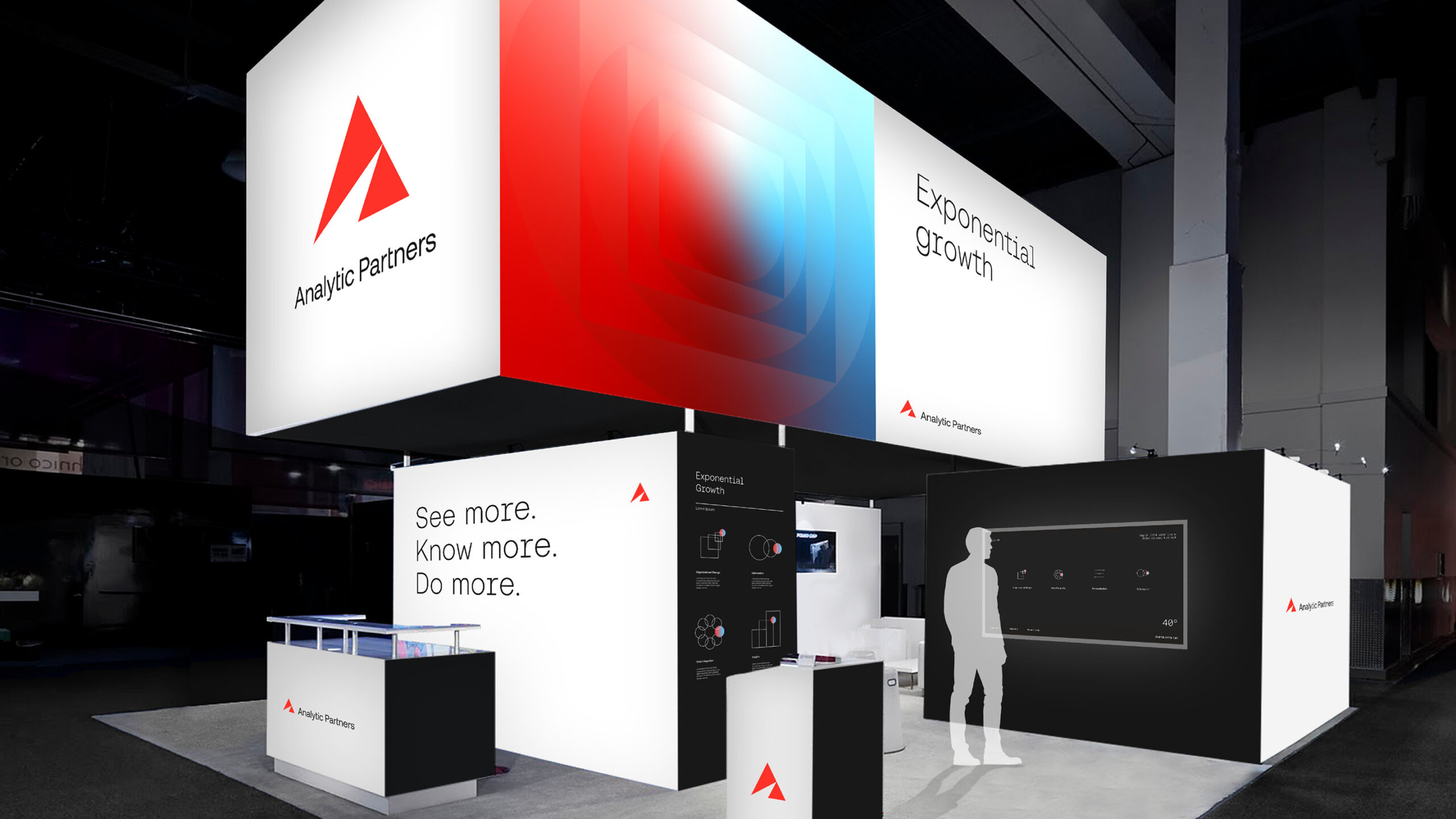 Digital mockup of an Analytic Partners booth at trade show.