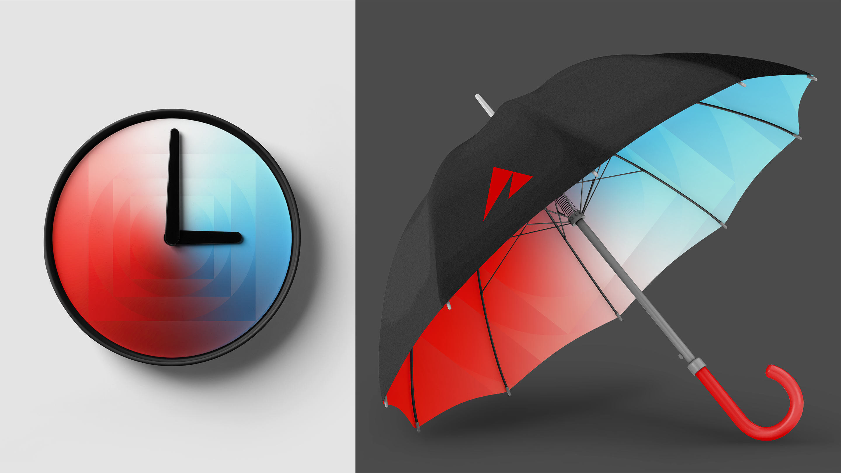 The left side of this image is a photograph of a round clock on a white wall with a gradient red, purple, blue and white circle inside of a square that repeats three times on the face of the clock. The right side of the image is a photograph of a black umbrella with a gradient red, blue and white inner lining. The handle of the umbrella is red and the umbrella is open tiled to the left on its side in a dark gray space