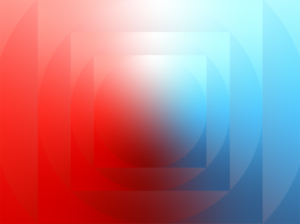 Soft gradient red, white, purple, and blue circle inside of square shapes that repeat from the center four times