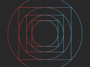 Gradient red, purple into blue circular line shape within a square line shape, repeating three times on a black background.