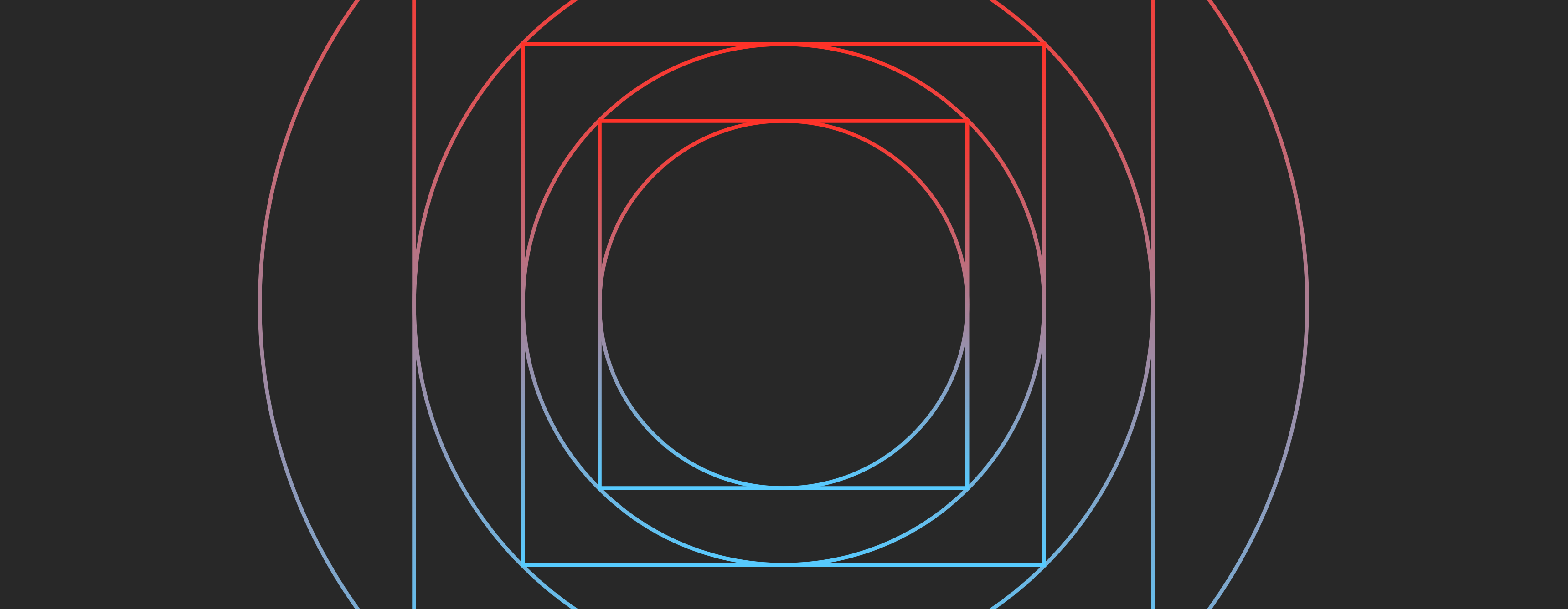 Gradient red into purple into blue circular line shape within a square line shape, repeating three times on a black background.