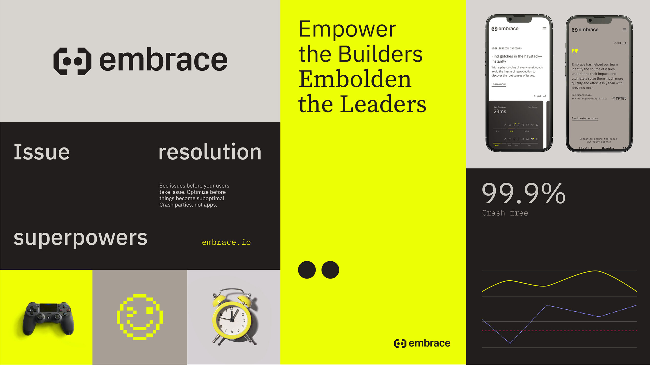 Embrace information page comprised of three columns. Column one is light gray on top with black text of the embrace logo, there is a middle rectangle shape below this with white text that reads " Issue resolution superpowers" and below that small photograph of a black game controller on a bright yellow square, a small darker gray square with a bright yellow pixelated icon of a winking smiley face, and to the right of that a light grey square with a photograph of a bright yellow vintage alarm clock in it. The middle column is bright yellow and reads in black text "Empower the Builders Embolden the Leaders." A small black embrace logo and text is on the bottom right corner. The column all the way to the right has a top light grey square with the photograph of two smart phones in it. The left smart phone has a white embrace webpage loaded and the right phone has a dark grey embrace webpage loaded on it. The bottom portion of the column is black with white text that reads "99% Crash free" and the graphic image of a line graph on it.