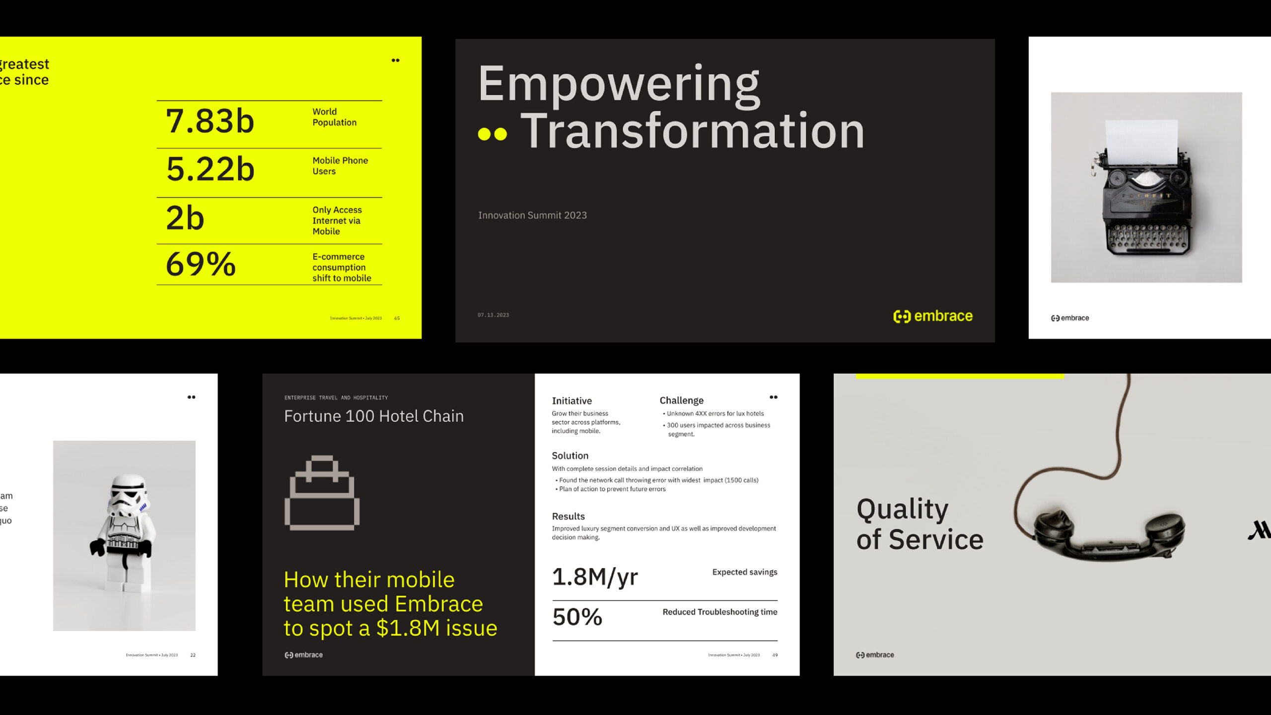 Black background with three columns and two rows of information. The top row has a bright yellow rectangle with data written in black text next to a black rectangle with white text that reads "Empowering Transformation" and the Embrace logo in bright yellow in its bottom right corner. The last rectangle in the row is white with the black and white arial photograph of a typewriter. The bottom row has a white rectangle with a black and white photograph of a Lego storm trooper figurine standing in a white space. Next this is a a black and white rectangle split in half the black half is first and contains a grey graphic icon of a suitcase with bright yellow text underneath it that reads "How their mobile team used Embrace to spot a $1.8M issue" the white side of the rectangle has black text with data in it. The final rectangle in this row is a grey and contains a photograph of a black vintage telephone receiver with a cord coming from its end and black text that reads "Quality of Service"