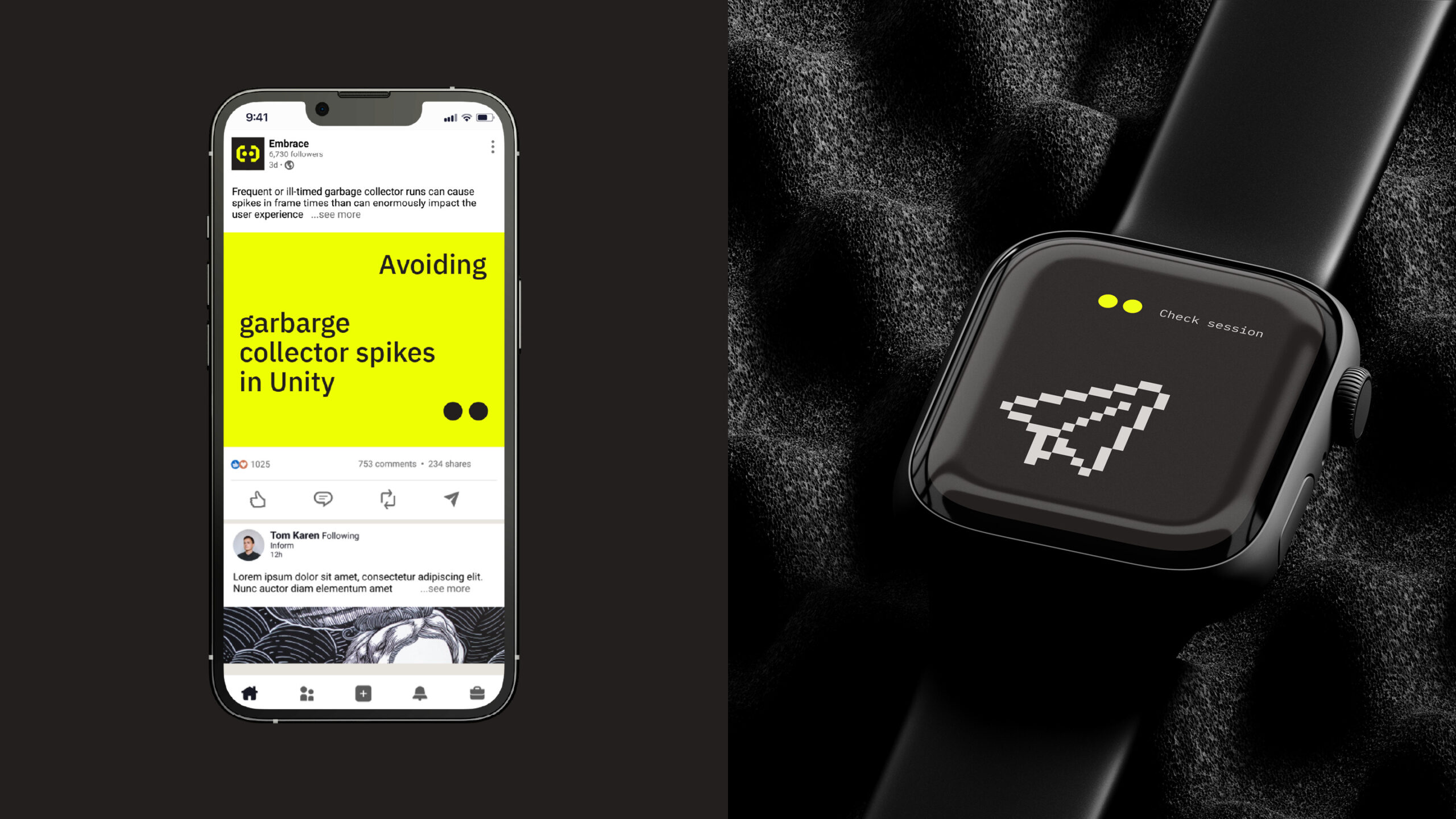 Photograph split into two sides. The left side is a photograph of a smart phone on a black background. The screen of the smart phone have a post fro Embrace on a social media type platform similar to instagram. The right side of the image is a closeup photograph of a smart watch with the graphic icon of a paper plane on it. The watch is resting on back packing sound insulation foam.