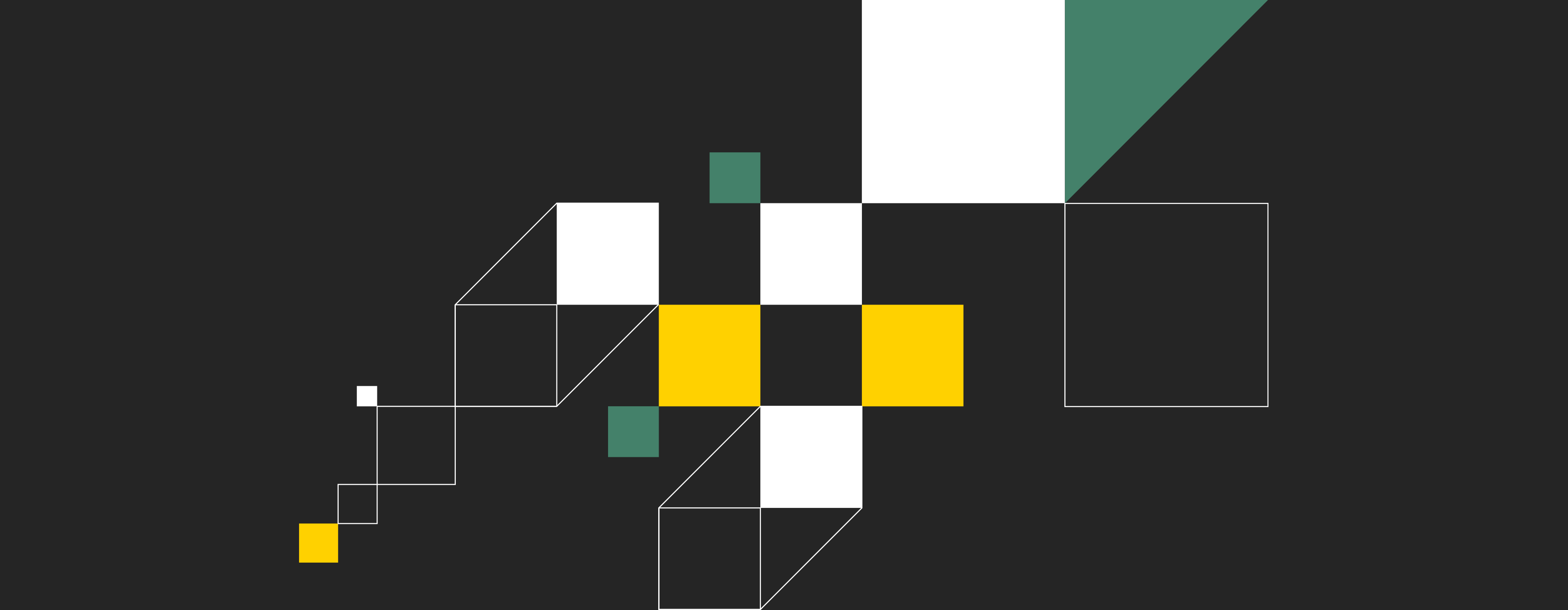 Abstract square graphics consisting of line work and solid yellow, white and green blocks on a black background.