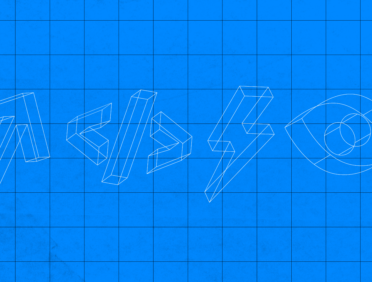 Bright blue background with black graph lines. White 3 dimensional line graphics of an arrow point up, greater than and less than signs, a lightening bolt and an eye run from left to right in the middle of the image.