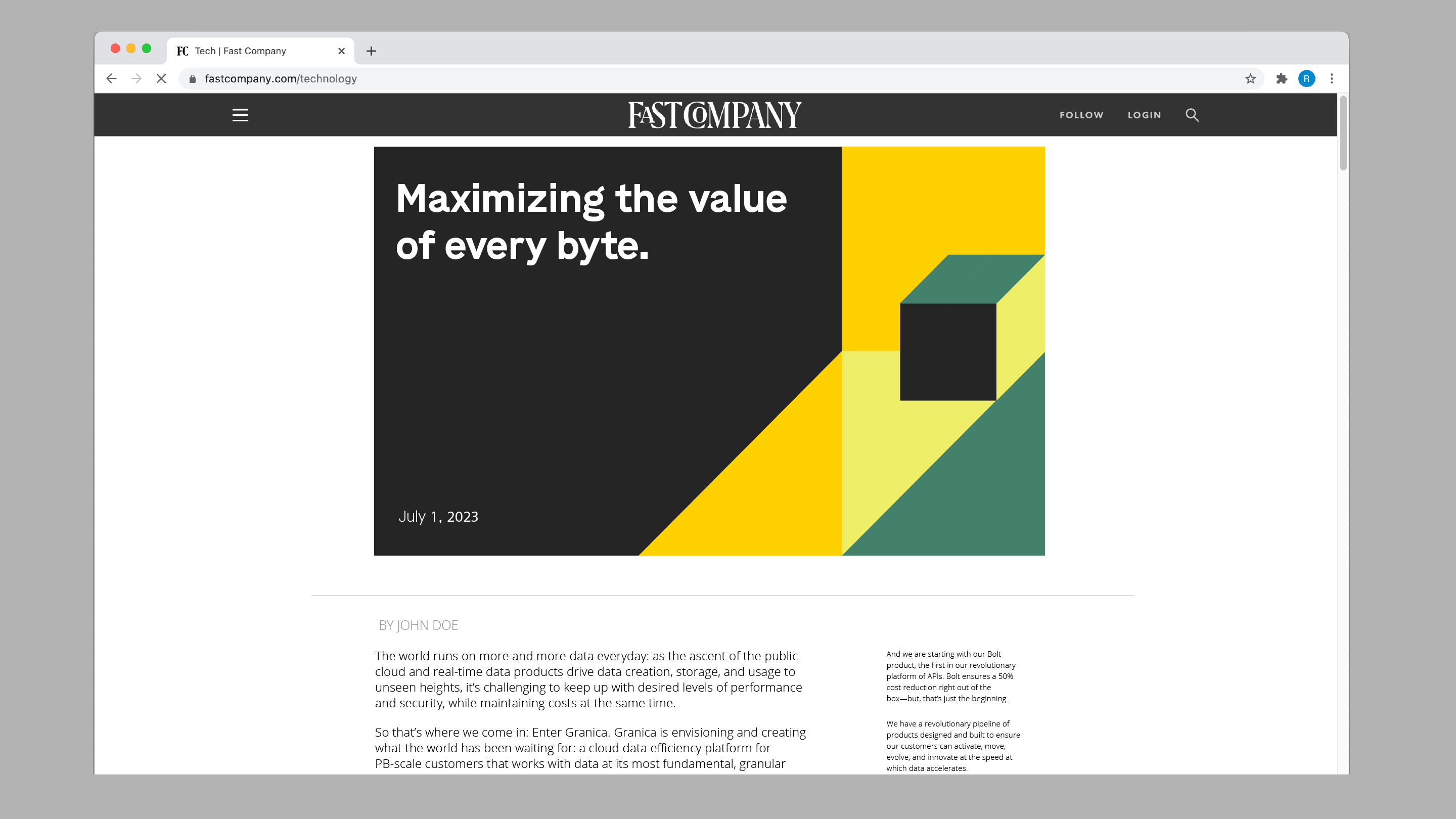 Image of a FASTCOMPANY webpage pulled up on a grey background. There is a black recatangle in the middle of the webpage with white text that reads "Maximizing the value of every byte." on the left side and bright yellow, green and lime green squares and rectangles on the right side of the image. There is paragraph text under the image.