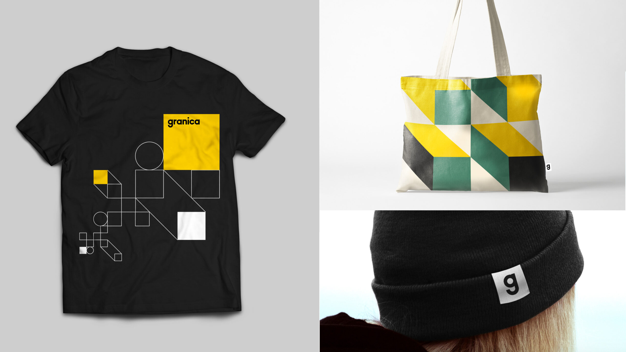 Photograph of three granica promotional items. The left side of the image is a photograph of a black t-shirt with abstract square graphics consisting of white lines and solid yellow and white blocks. The yellow block has black text that reads in all lowercase letters that reads "granica". The right side of the image is a photograph of a tote bag with yellow, black and green rectangular blocks on it in a white space. Below this is a photograph of close up of a person with blonde hair wearing a black beanie with a lowercase black "g" on a white square on the side of the beanie.