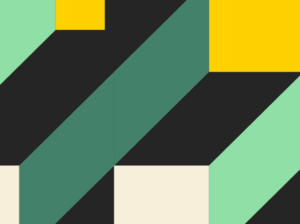 Abstract mint green, black, dark green, yellow and cream color rectangle and square shaped graphics of various sizes.