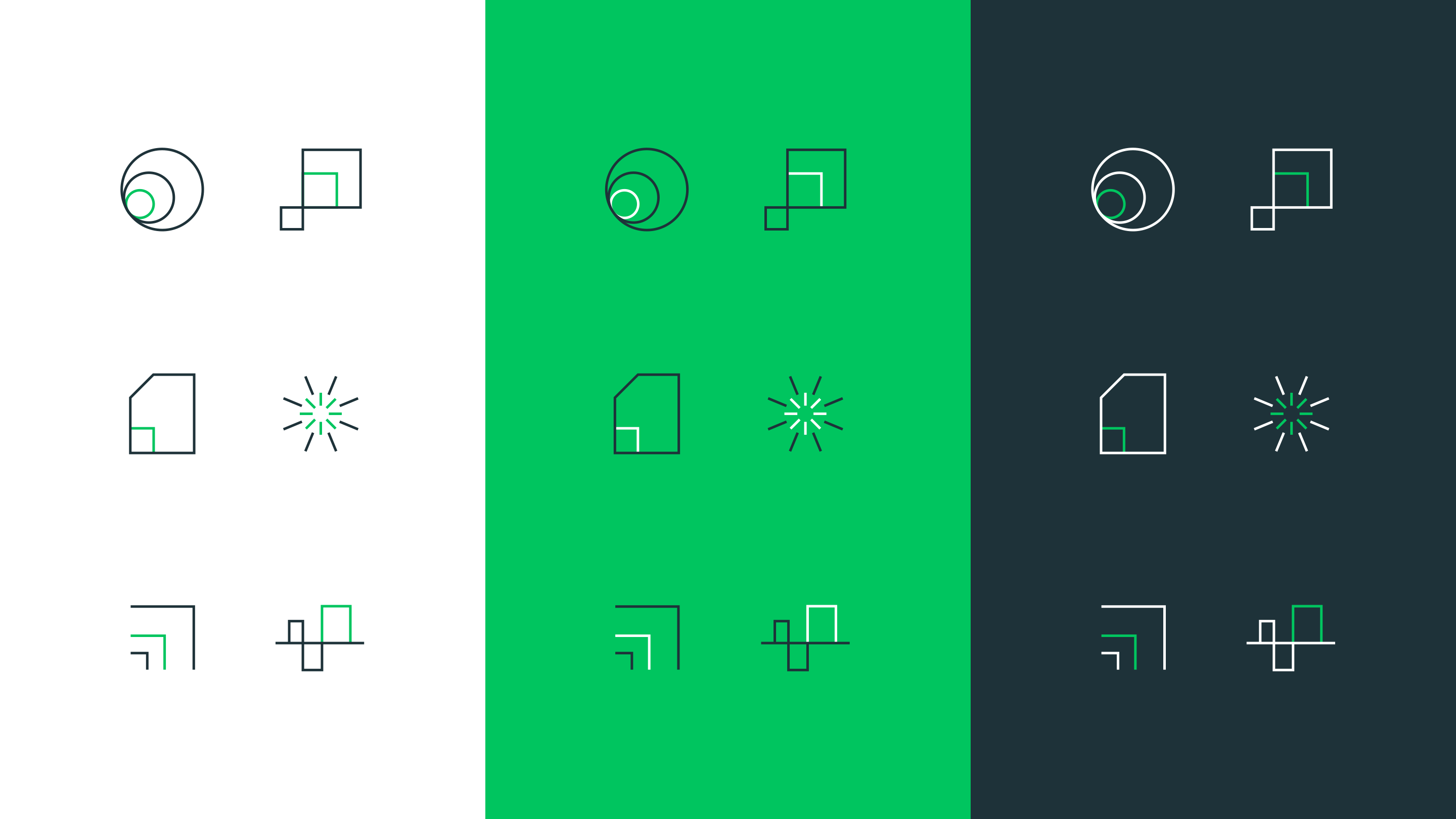 Lookout visual language. Three columns next to each other, the left column is white, the middle is bright green and the right column is slightly off black. All three panels have six various graphic icons in two columns and three rows.