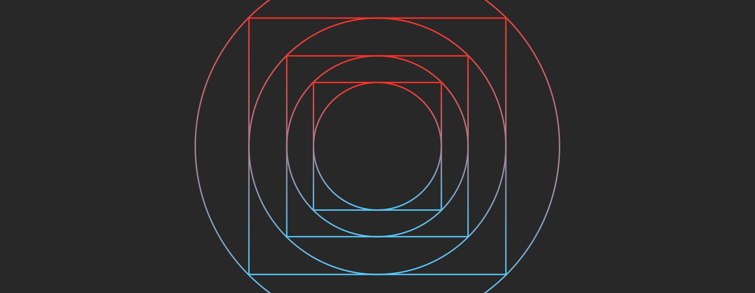 Gradient red into purple into blue circular line shape within a square line shape, repeating three times on a black background.