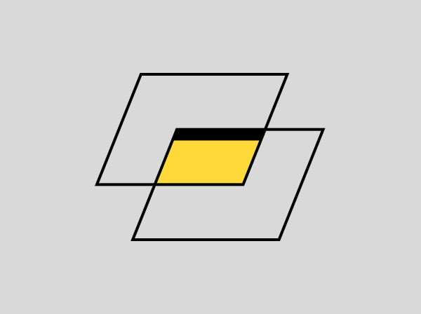 The black outline of two parallelograms that overlap in the middle to create a third, smaller, yellow parallelogram with a bold black top line. These are all on a light grey background