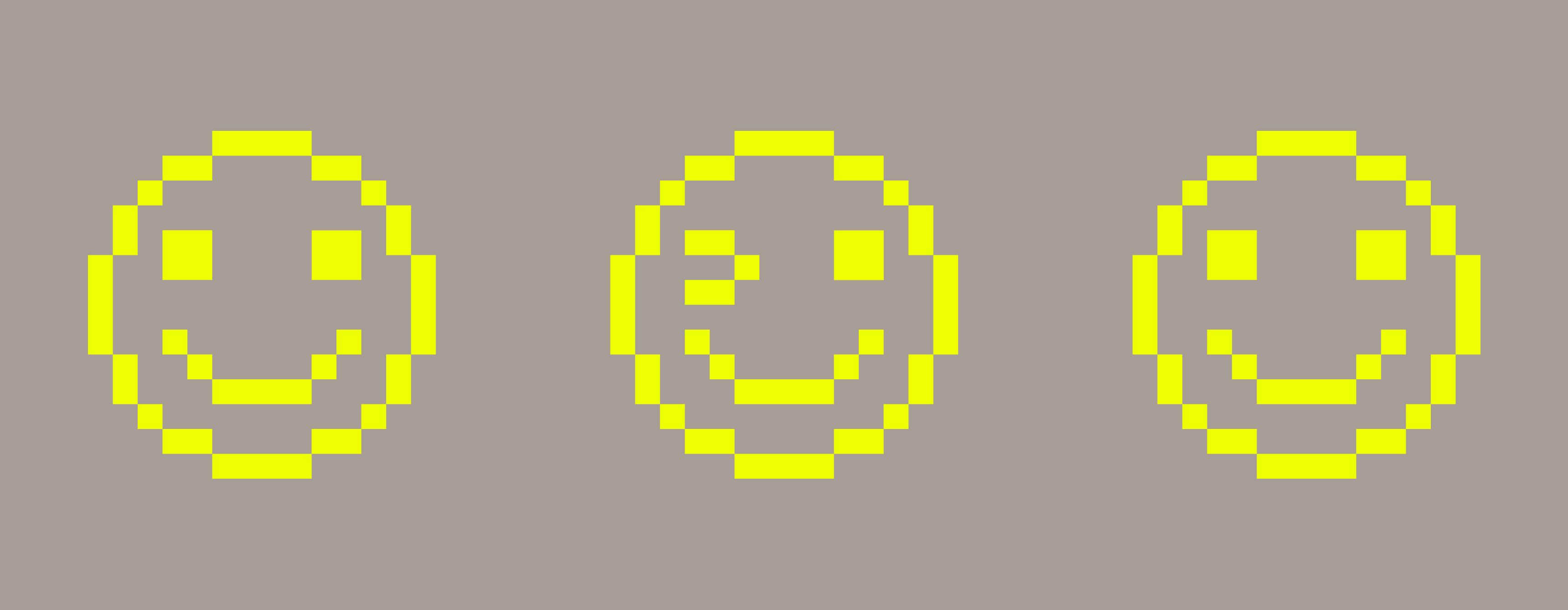 Three bright yellow graphic of three pixelated smiling faces next to each other on a brownish grey background. The face in the middle is winking