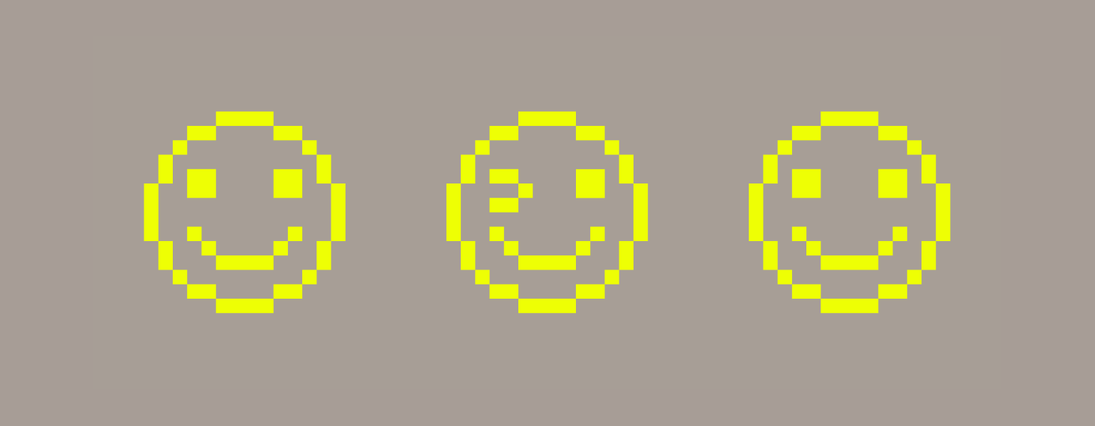 Three bright yellow graphic of three pixelated smiling faces next to each other on a brownish grey background. The face in the middle is winking