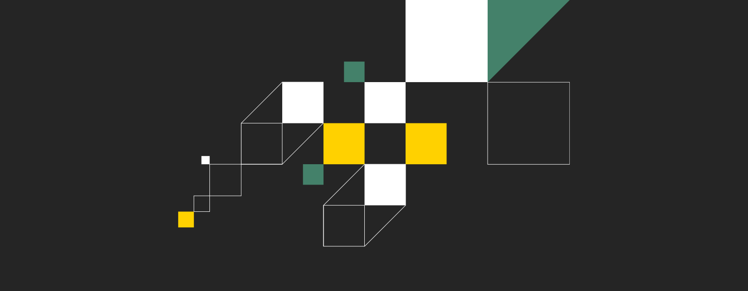 Abstract square graphics consisting of line work and solid yellow, white and green blocks on a black background.