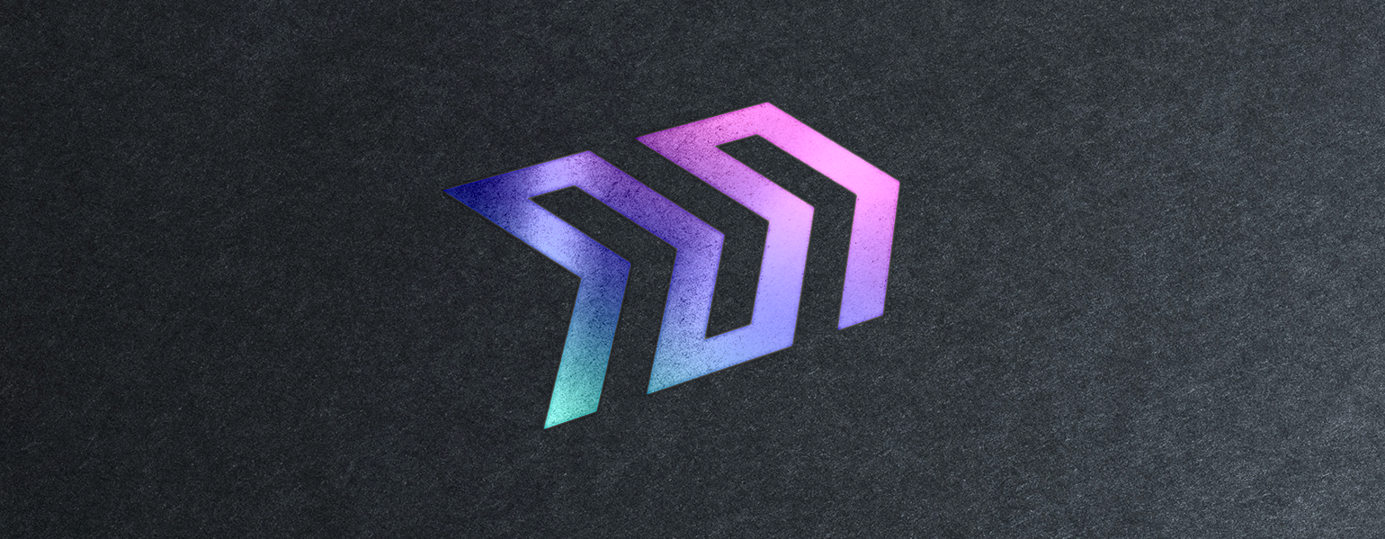 Gradient teal, blue, purple to magenta arrow and chevron graphic pointing towards the upper right corner on a black slightly graphite textured background.