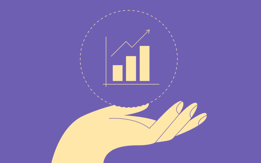 A side view of an open hand with a ball hovering over the palm. A bar graph sits inside the ball representing the positive possibilities of transformation.