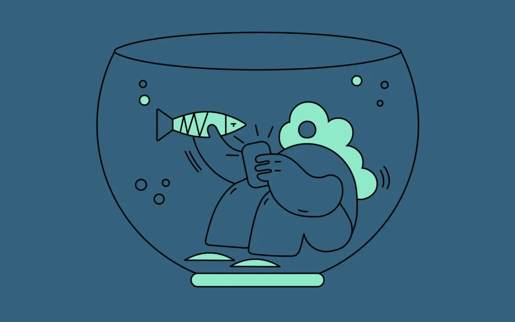 Illustration of a person holding a fish sitting inside a bowl.